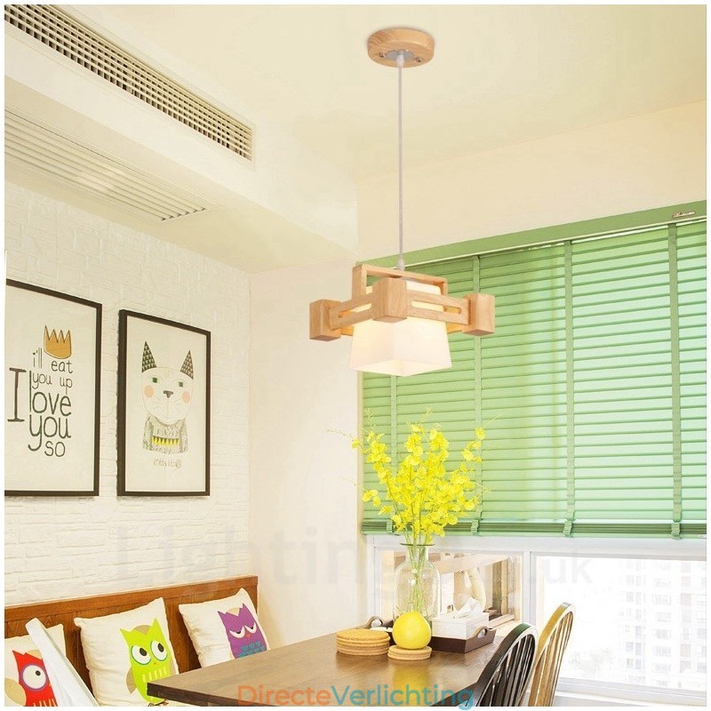 1 Lichte houten moderne eigentijdse hanglamp in Scandinavische stijl met stoffen kap