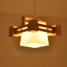 1 Lichte houten moderne eigentijdse hanglamp in Scandinavische stijl met stoffen kap