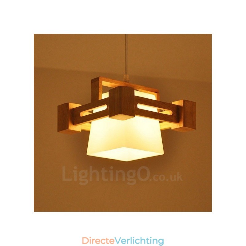 1 Lichte houten moderne eigentijdse hanglamp in Scandinavische stijl met stoffen kap