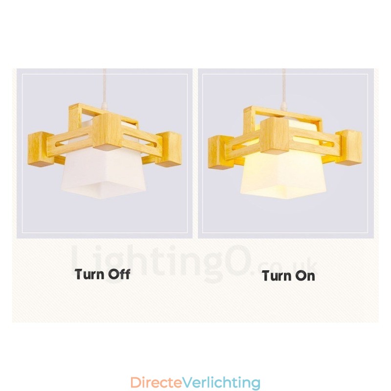 1 Lichte houten moderne eigentijdse hanglamp in Scandinavische stijl met stoffen kap