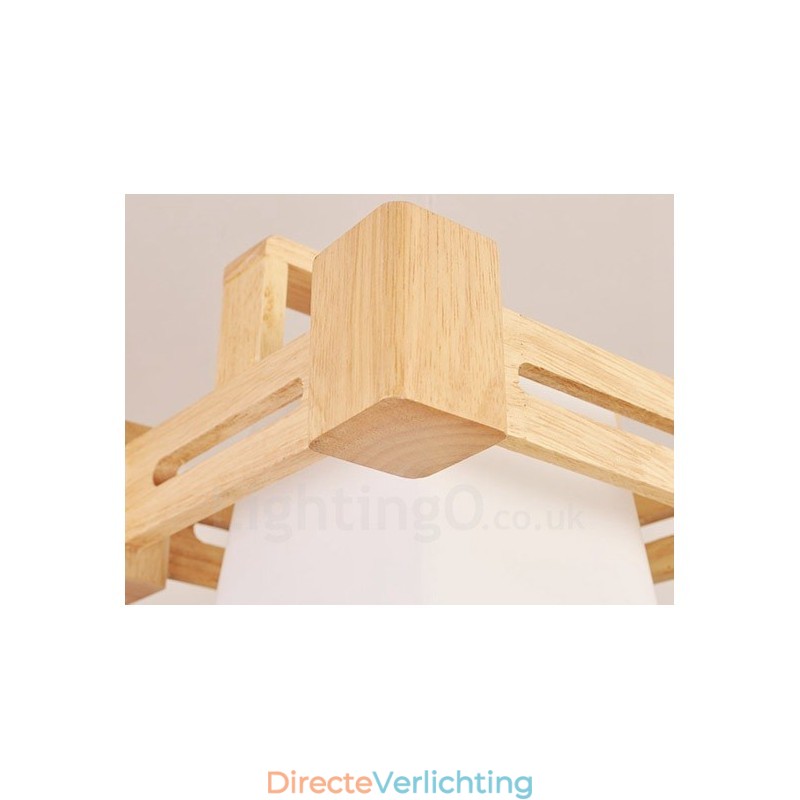 1 Lichte houten moderne eigentijdse hanglamp in Scandinavische stijl met stoffen kap