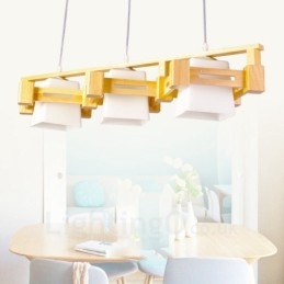 3-lichts houten moderne eigentijdse hanglamp in Scandinavische stijl met stoffen kap