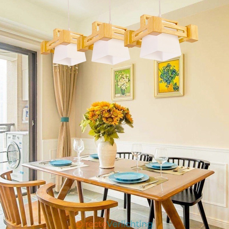 3-lichts houten moderne eigentijdse hanglamp in Scandinavische stijl met stoffen kap