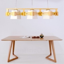3-lichts houten moderne eigentijdse hanglamp in Scandinavische stijl met stoffen kap