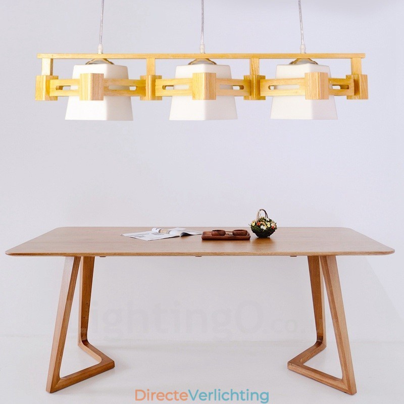 3-lichts houten moderne eigentijdse hanglamp in Scandinavische stijl met stoffen kap