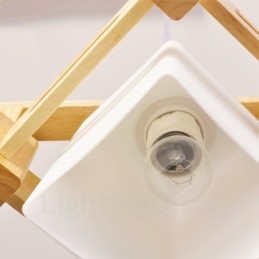 3-lichts houten moderne eigentijdse hanglamp in Scandinavische stijl met stoffen kap