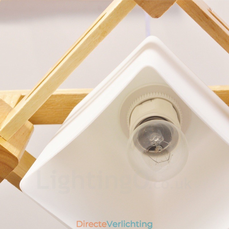3-lichts houten moderne eigentijdse hanglamp in Scandinavische stijl met stoffen kap