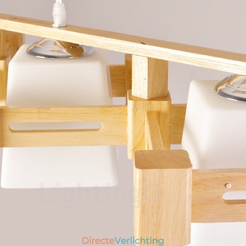 3-lichts houten moderne eigentijdse hanglamp in Scandinavische stijl met stoffen kap