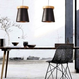 1 Lichte houten moderne eigentijdse hanglamp in Scandinavische stijl met ijzeren kap