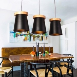 3 Lichte houten moderne eigentijdse hanglamp in Scandinavische stijl met ijzeren kap