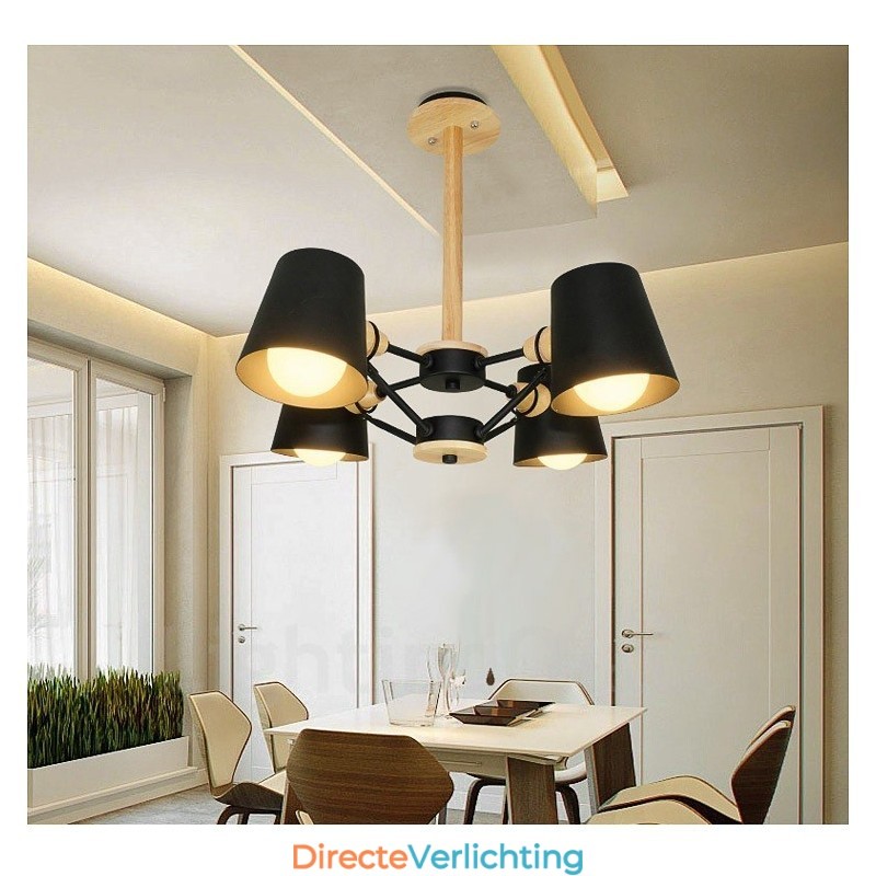 4-lichts houten moderne eigentijdse hanglamp in Scandinavische stijl met ijzeren kap