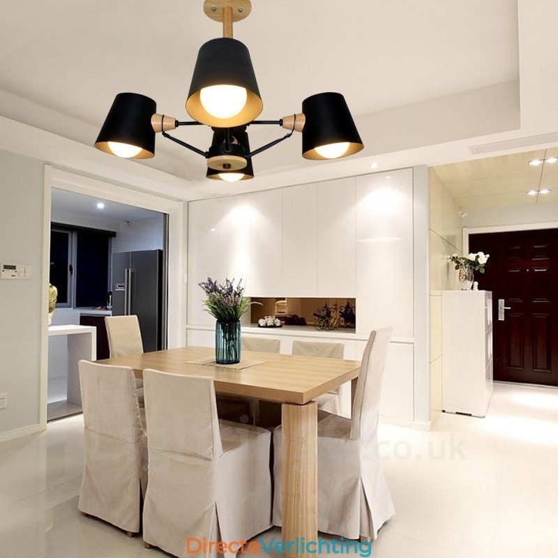 4-lichts houten moderne eigentijdse hanglamp in Scandinavische stijl met ijzeren kap