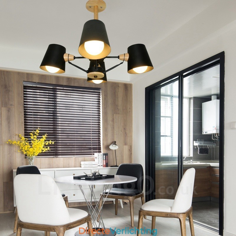 4-lichts houten moderne eigentijdse hanglamp in Scandinavische stijl met ijzeren kap
