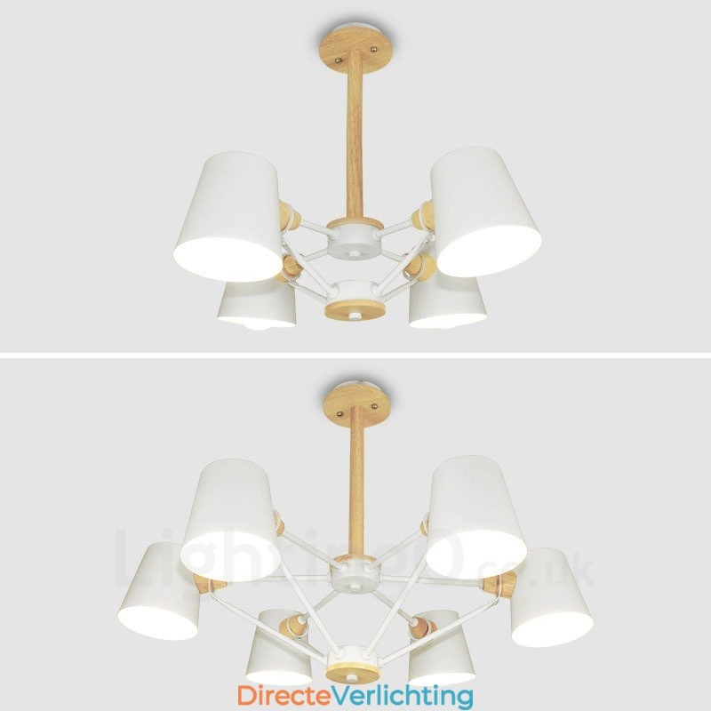 4-lichts houten moderne eigentijdse hanglamp in Scandinavische stijl met ijzeren kap