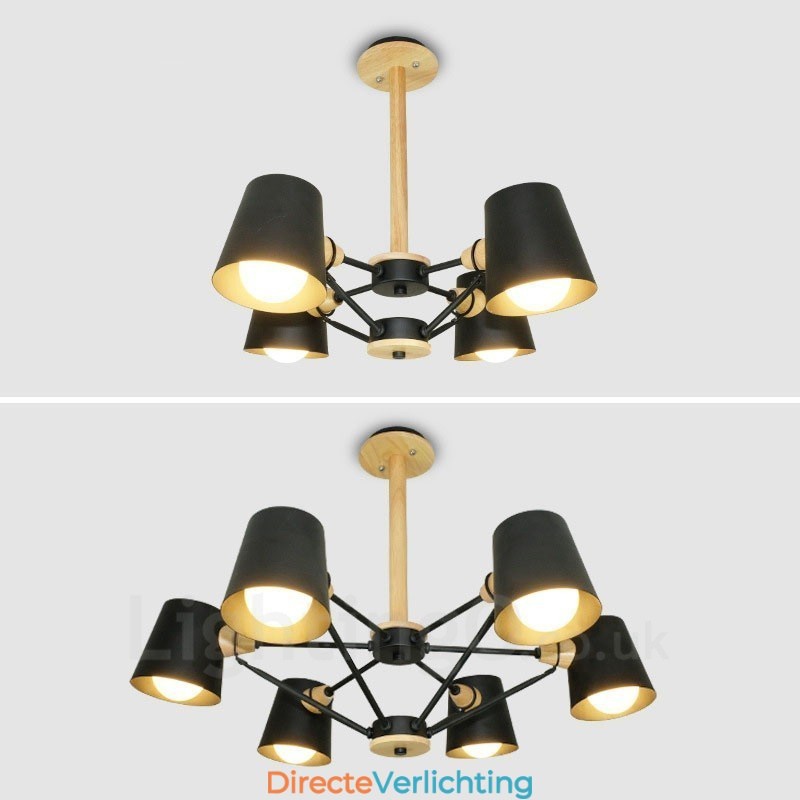 4-lichts houten moderne eigentijdse hanglamp in Scandinavische stijl met ijzeren kap