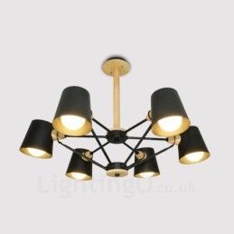 6-lichts houten moderne eigentijdse hanglamp in Scandinavische stijl met ijzeren kap