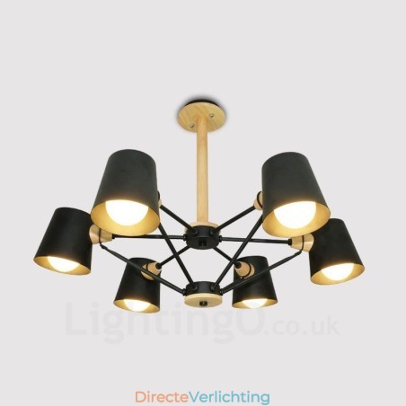 6-lichts houten moderne eigentijdse hanglamp in Scandinavische stijl met ijzeren kap 6-lichts houten moderne eigentijdse hanglamp in Scandinavische stijl met ijzeren kap