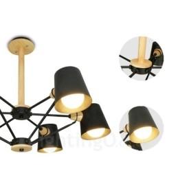 6-lichts houten moderne eigentijdse hanglamp in Scandinavische stijl met ijzeren kap