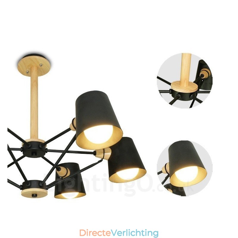 6-lichts houten moderne eigentijdse hanglamp in Scandinavische stijl met ijzeren kap