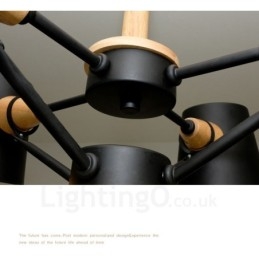 6-lichts houten moderne eigentijdse hanglamp in Scandinavische stijl met ijzeren kap