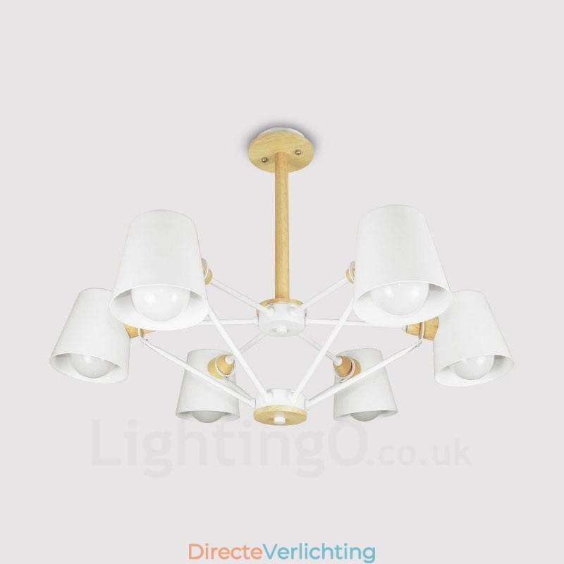 6-lichts houten moderne eigentijdse hanglamp in Scandinavische stijl met ijzeren kap