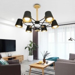 6-lichts houten moderne eigentijdse hanglamp in Scandinavische stijl met ijzeren kap