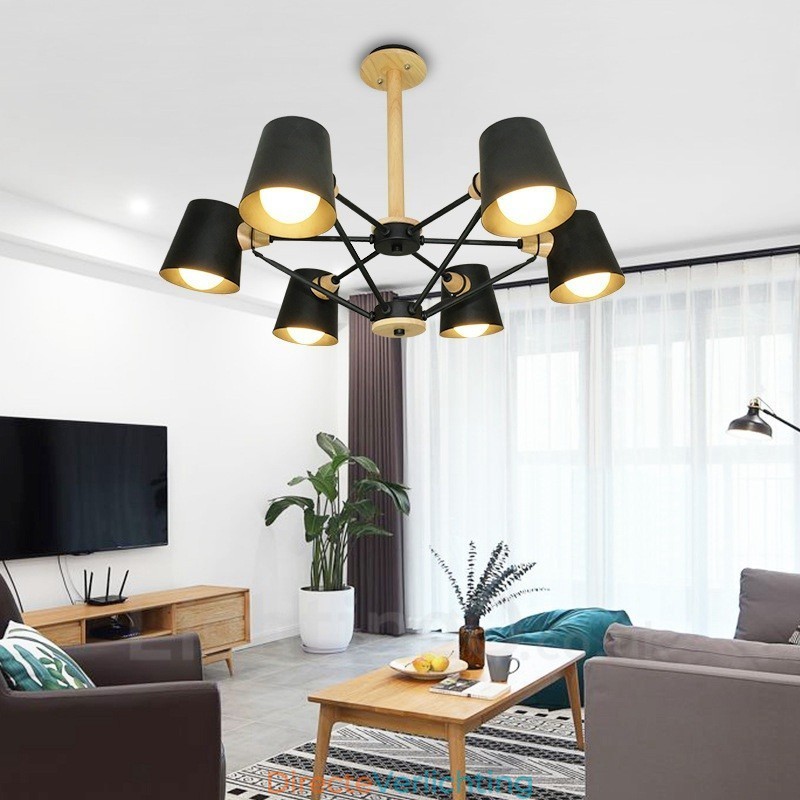 6-lichts houten moderne eigentijdse hanglamp in Scandinavische stijl met ijzeren kap