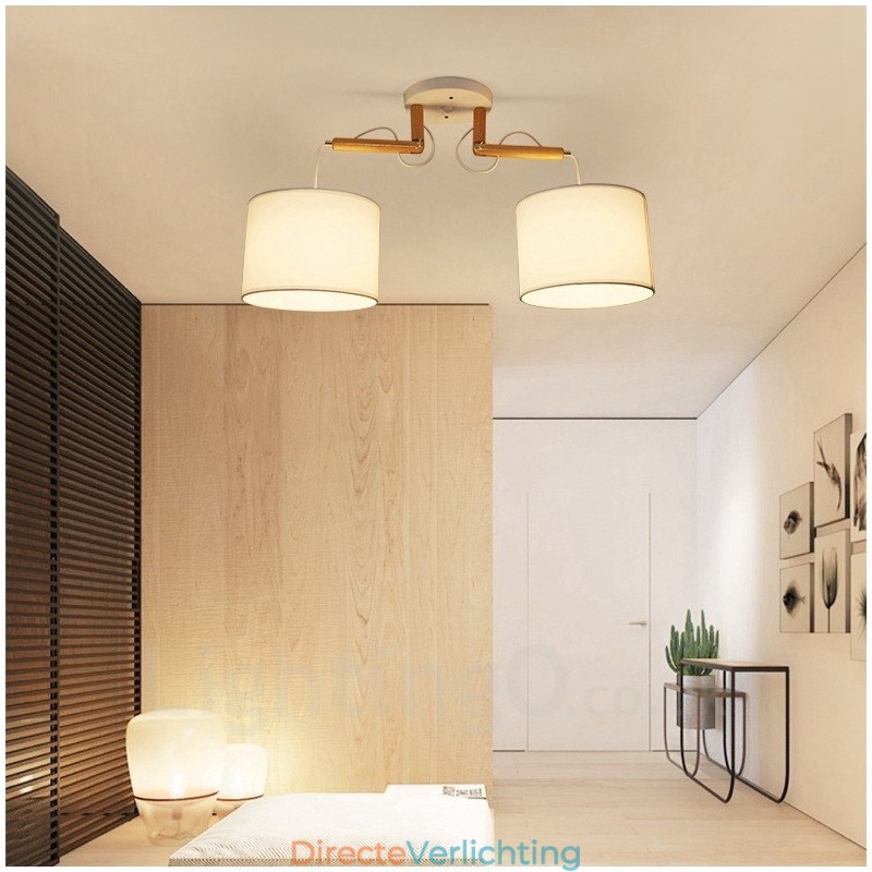 2 Lichte houten moderne eigentijdse hanglamp met stoffen kap