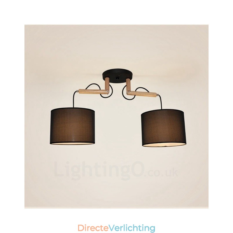 2 Lichte houten moderne eigentijdse hanglamp met stoffen kap