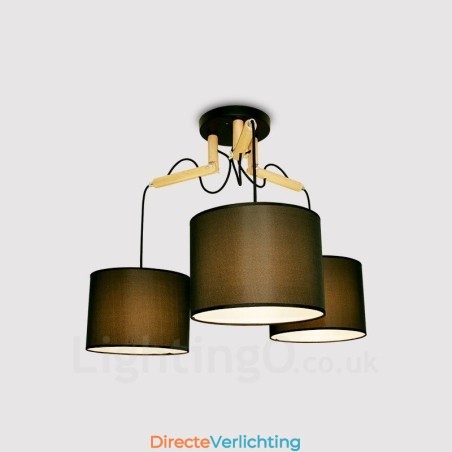 3-lichts moderne hanglamp van hout met stoffen kap 3-lichts moderne hanglamp van hout met stoffen kap