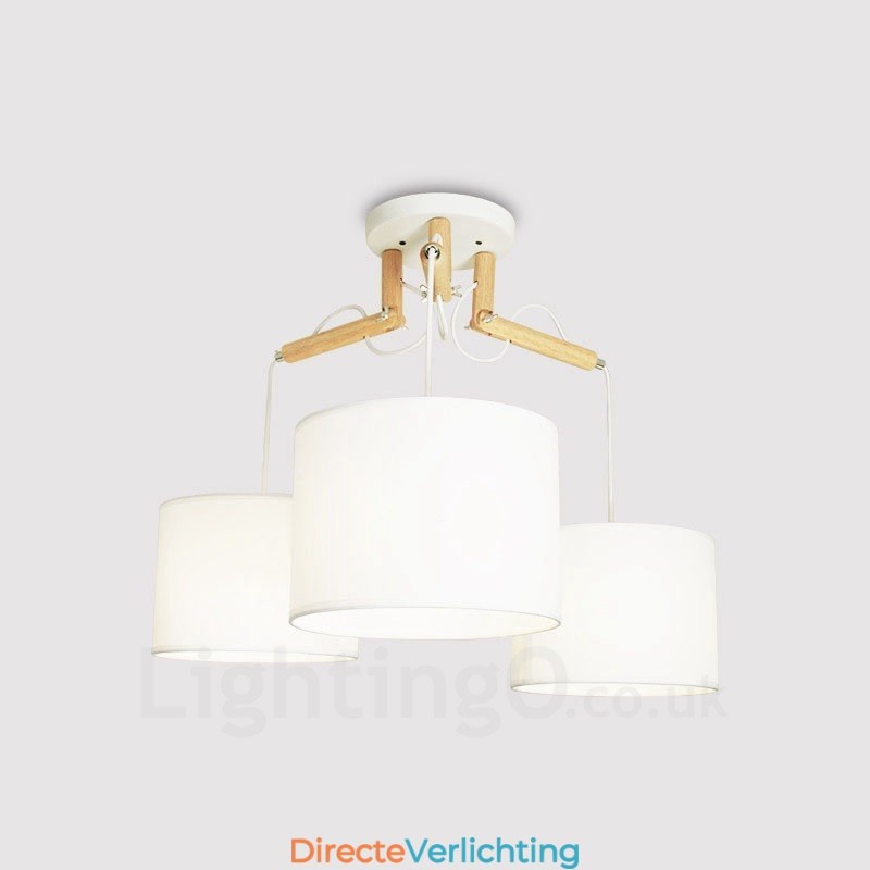 3-lichts moderne hanglamp van hout met stoffen kap