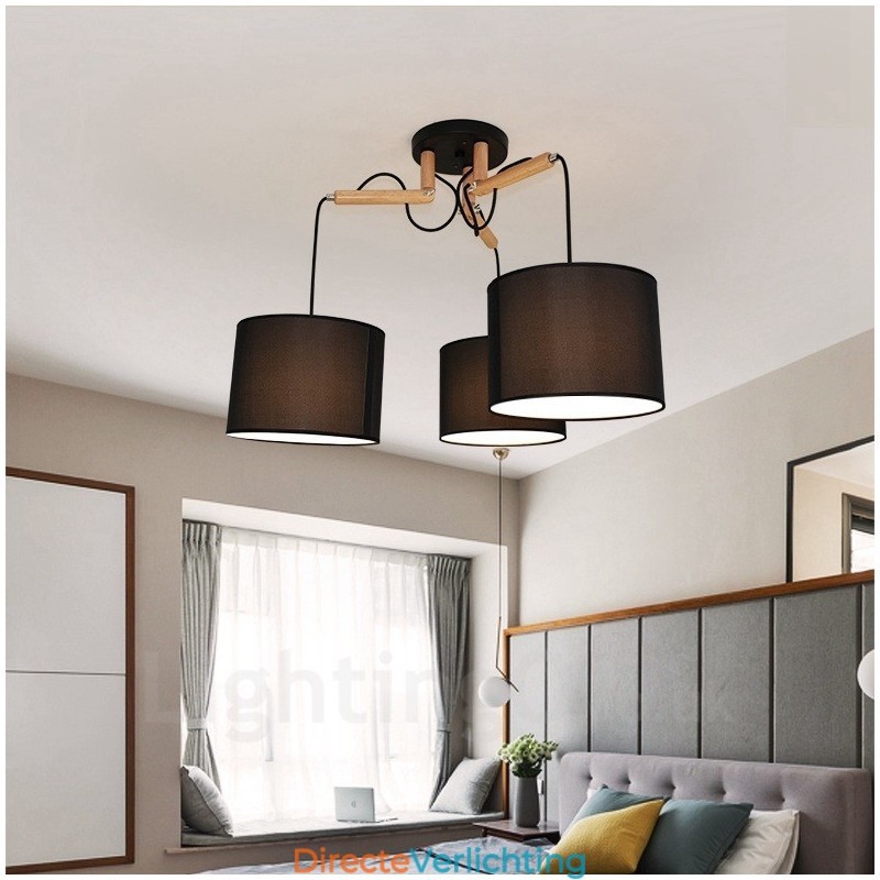 3-lichts moderne hanglamp van hout met stoffen kap