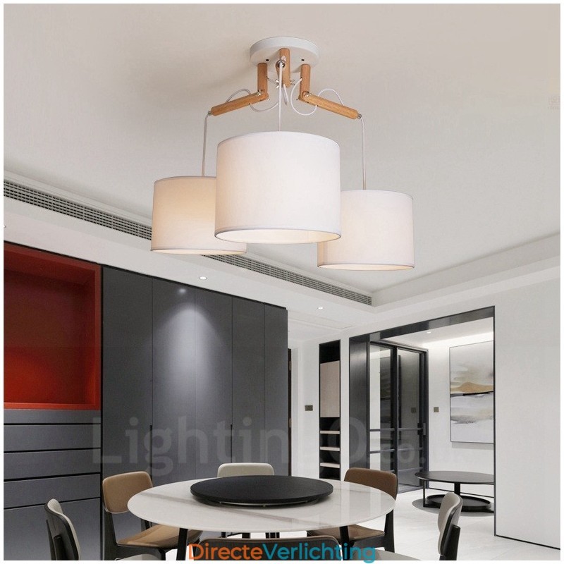3-lichts moderne hanglamp van hout met stoffen kap