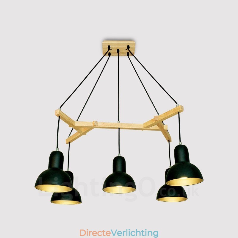 5-lichts moderne hanglamp van hout met ijzeren kap