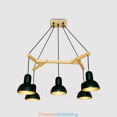 5-lichts moderne hanglamp van hout met ijzeren kap 5-lichts moderne hanglamp van hout met ijzeren kap