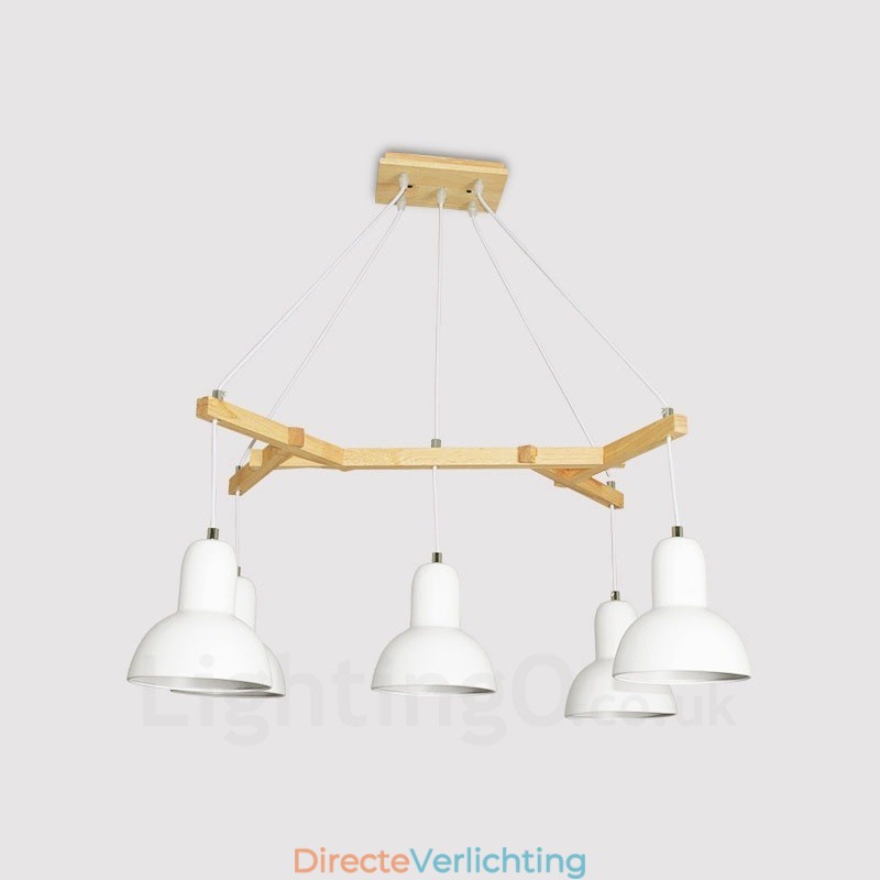 5-lichts moderne hanglamp van hout met ijzeren kap