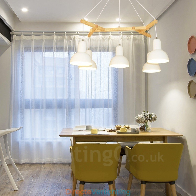 5-lichts moderne hanglamp van hout met ijzeren kap