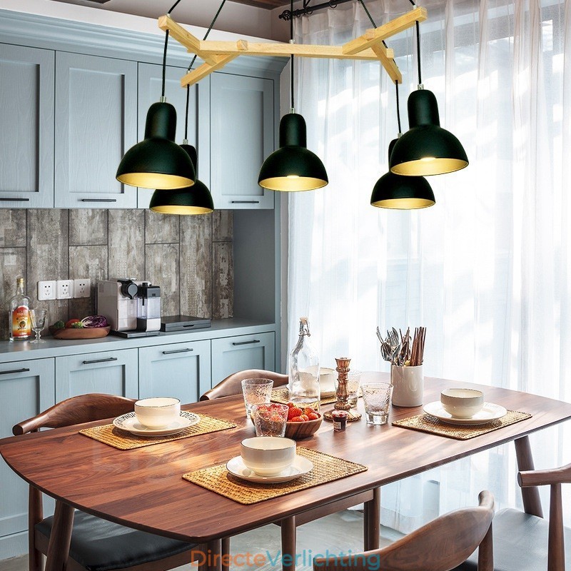 5-lichts moderne hanglamp van hout met ijzeren kap