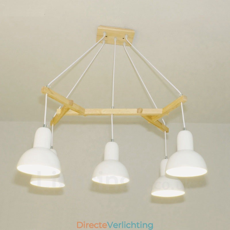 5-lichts moderne hanglamp van hout met ijzeren kap
