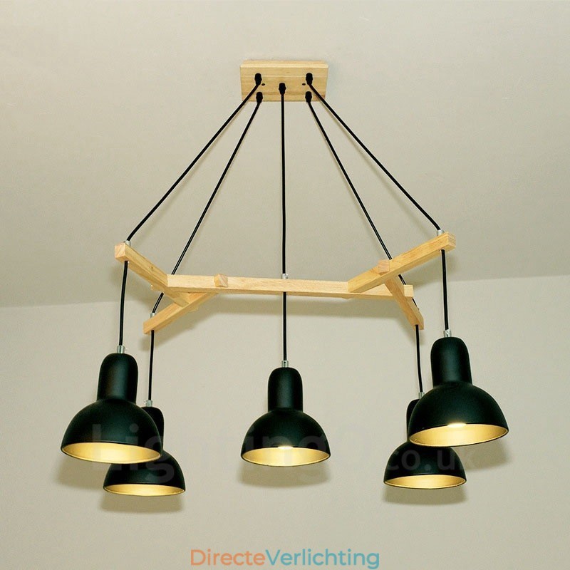 5-lichts moderne hanglamp van hout met ijzeren kap