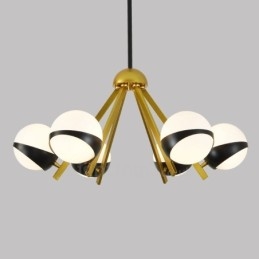 6-lichts moderne eigentijdse Scandinavische stijl plafondlamp met zwart-witte bolvormige glazen kap