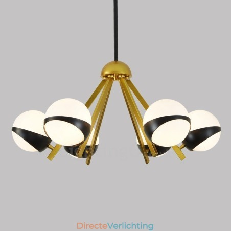 6-lichts moderne eigentijdse Scandinavische stijl plafondlamp met zwart-witte bolvormige glazen kap 6-lichts moderne eigentijdse Scandinavische stijl plafondlamp met zwart-witte bolvormige glazen kap