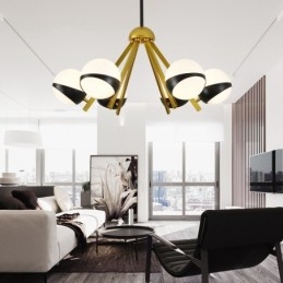6-lichts moderne eigentijdse Scandinavische stijl plafondlamp met zwart-witte bolvormige glazen kap