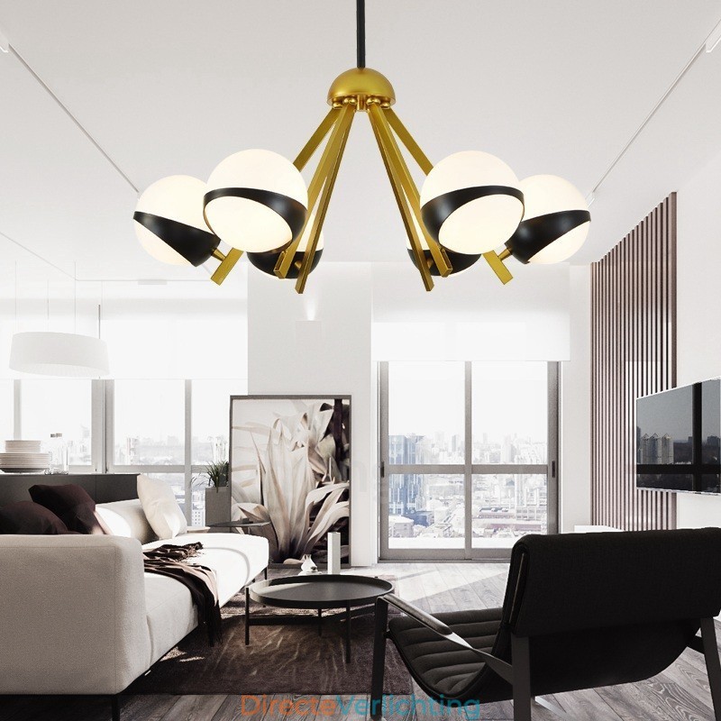 6-lichts moderne eigentijdse Scandinavische stijl plafondlamp met zwart-witte bolvormige glazen kap