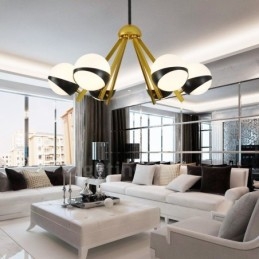 6-lichts moderne eigentijdse Scandinavische stijl plafondlamp met zwart-witte bolvormige glazen kap