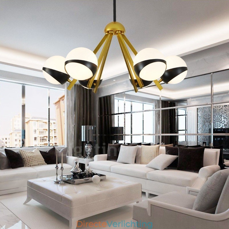 6-lichts moderne eigentijdse Scandinavische stijl plafondlamp met zwart-witte bolvormige glazen kap