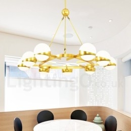 9 Lichts Moderne Hedendaagse Scandinavische Stijl Plafondlampen Koperen Kroonluchter met Goud en Witte Bolvormige Glazen Kap