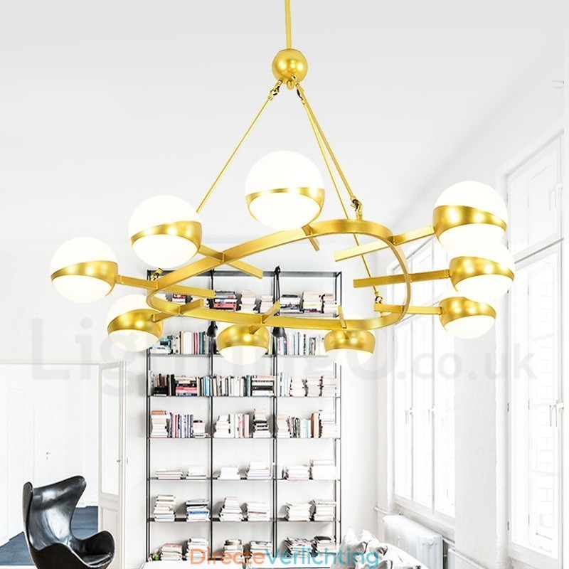 9 Lichts Moderne Hedendaagse Scandinavische Stijl Plafondlampen Koperen Kroonluchter met Goud en Witte Bolvormige Glazen Kap