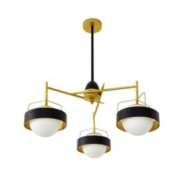 3-lichts moderne, eigentijdse plafondlamp met koperen afwerking en witte en zwarte bolvormige glazen kap