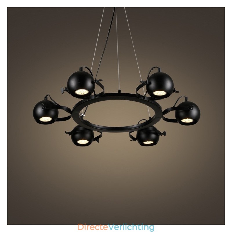 6-lichts retro vintage zwarte ijzeren hanglamp met zwarte ijzeren bolvormige kappen